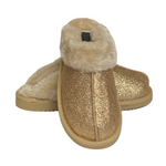 Load image into Gallery viewer, Jo &amp; Joe - Gold Sparkle Fur Collar &amp; Lining Mule Sippers
